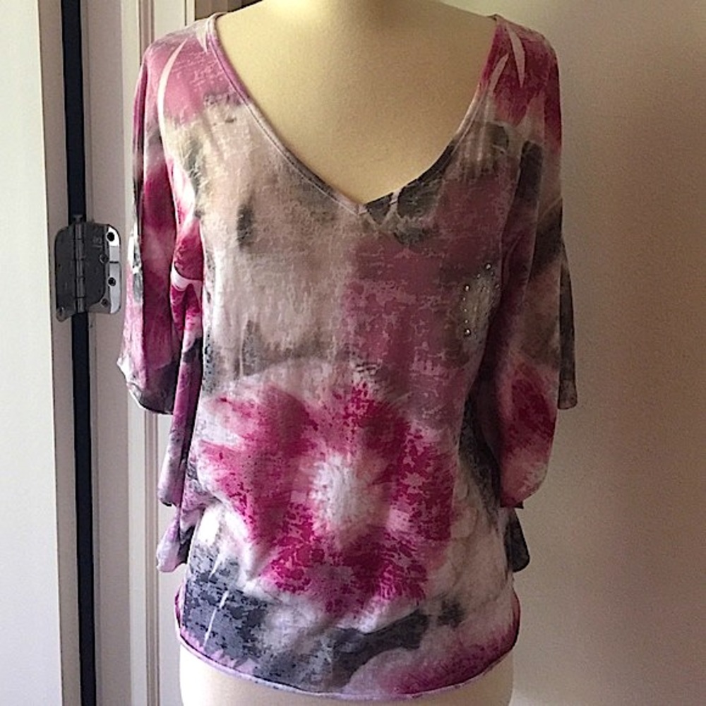 INC International Concepts Pink & Gray Tie Dye   Embellished Top